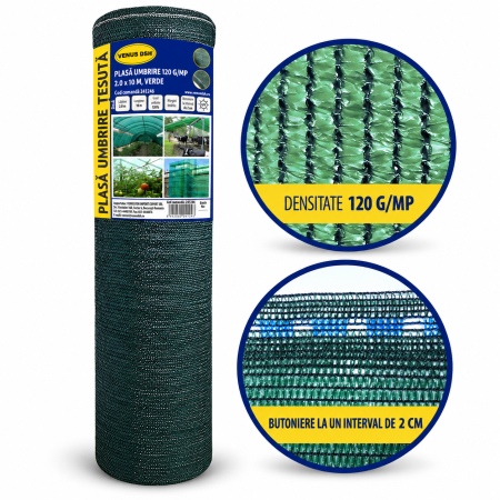Plasa umbrire 120 g/mp, 2 x 10 m, verde